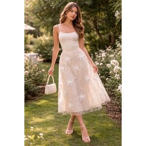 Boutique Romantic Floral Garden Applique Sheer Midi Skirt European Spring SZ S